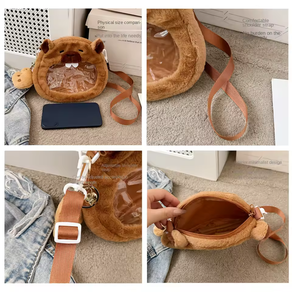 Capybara Crossbody Bag with Transparent Pocket