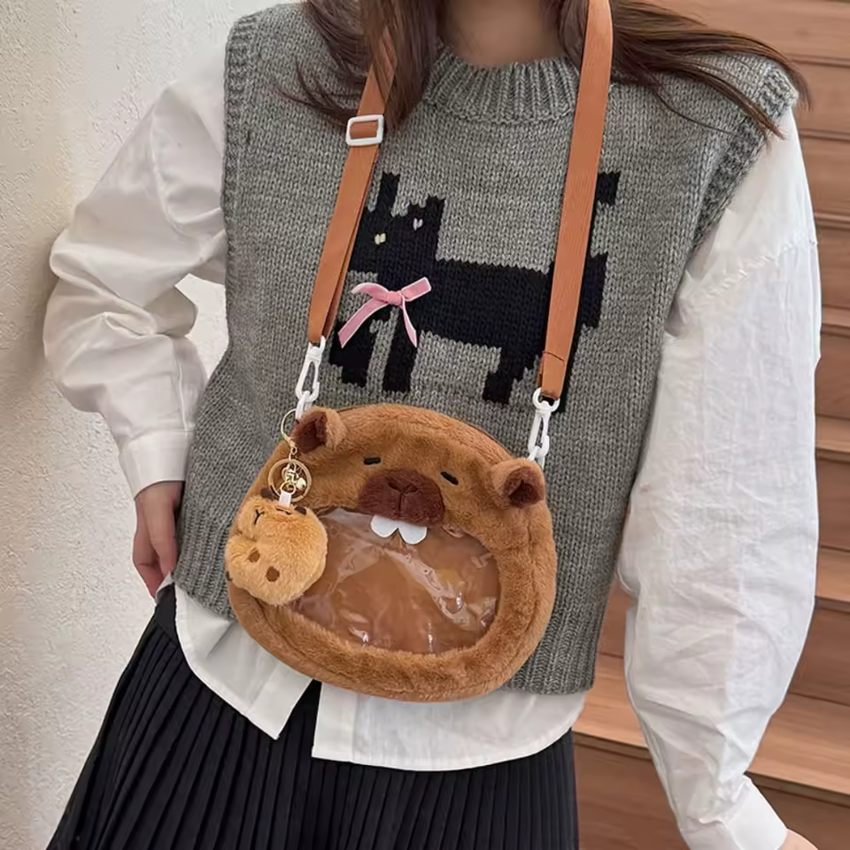 Capybara Crossbody Bag with Transparent Pocket