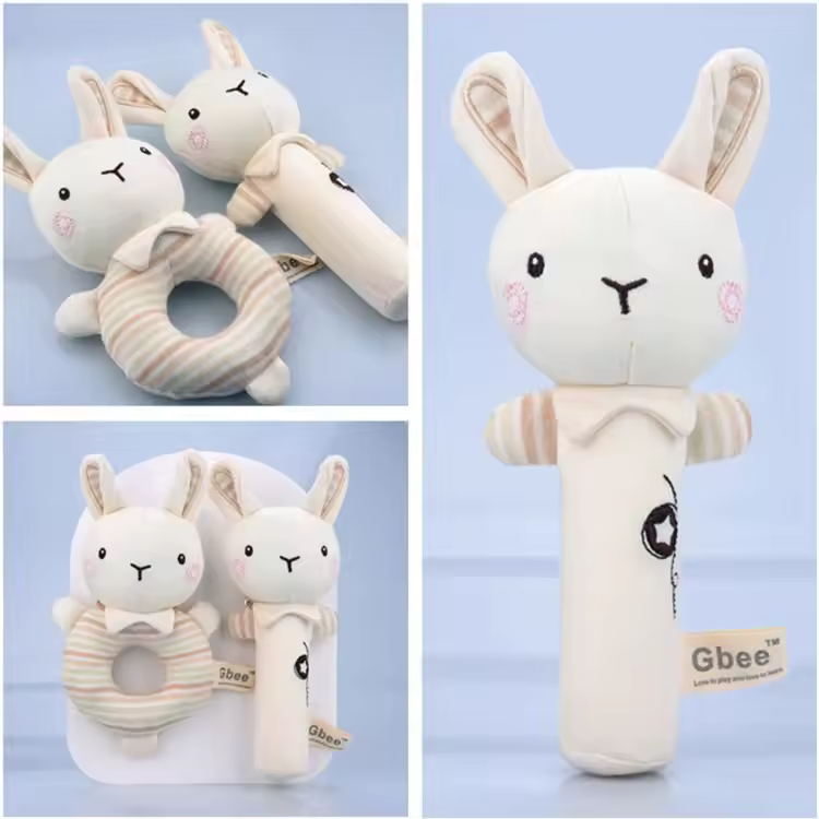 Organic Cotton Hand Rattle Baby Soothing Toy - Bunny