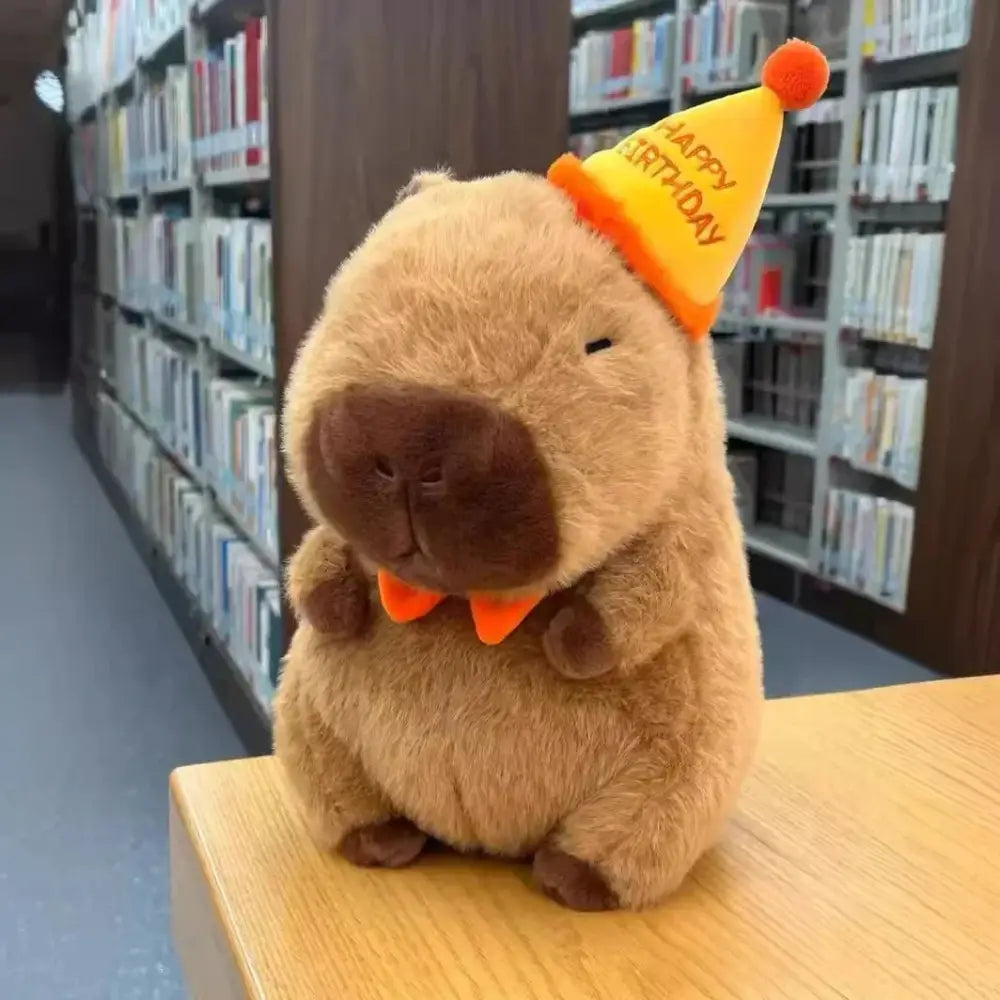 Capybara Plush Toy With Birthday Hat Soft Stuffed